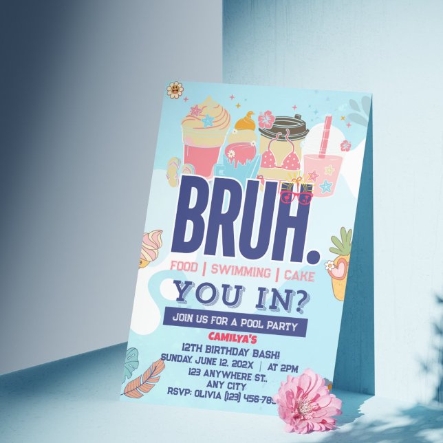BRUH Blue Pool Party Boy Birthday Invitation  (Make a Splash! Bruh-tastic Pool Party for the Coolest Dude)