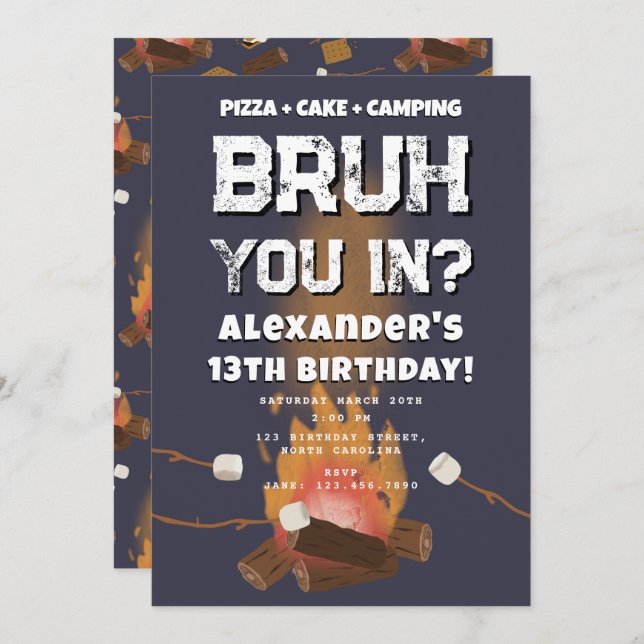 Bruh Boy Birthday Party Teenager Campfire Camping Invitation (Front/Back)