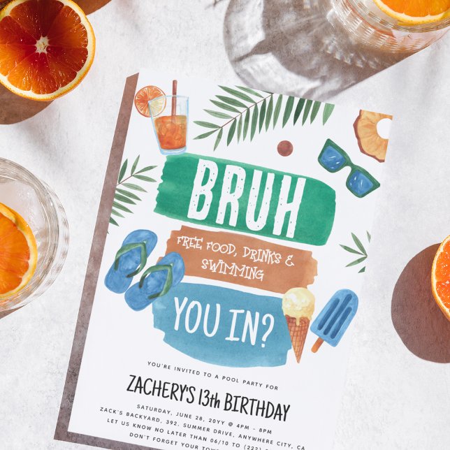 Bruh Boy Pool Party Birthday Invitation (Bruh Boy Pool Party - Tween, Teens, Teenager, Guy!)