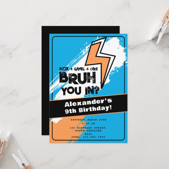 Bruh Boy's Birthday Graffiti Orange Blue Cool Invitation (Front/Back In Situ)