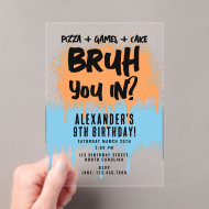 Bruh Boy's Birthday Neon Graffiti Orange Blue Acrylic Invitations