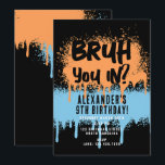 Bruh Boy's Birthday Neon Graffiti Orange Blue Invitation<br><div class="desc">A teen boys "Bruh" themed birthday invitation using cool typography. A custom kids neon graffiti orange and blue "pizza,  games and cake " teenage boys birthday invitation design perfect for any teens birthday party theme. Customise this  "Bruh" birthday invitation with your own text and make it your own!</div>
