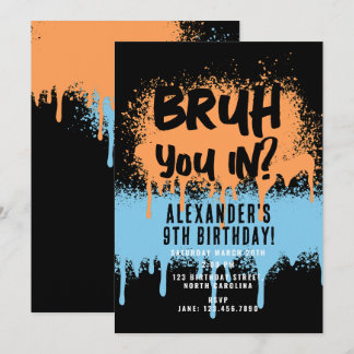 Bruh Boy's Birthday Neon Graffiti Orange Blue Invitation