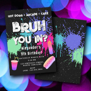 Bruh Boys Birthday Neon Graffiti Teenager Hot Dogs Invitation