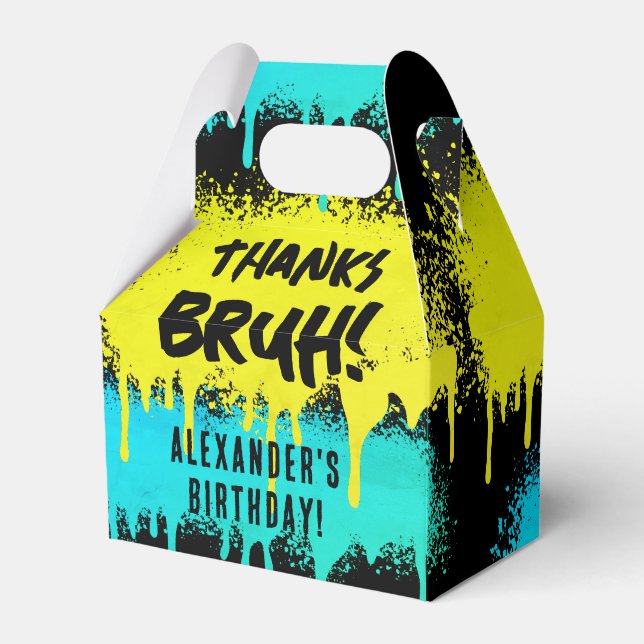 Bruh Boy's Birthday Neon Graffiti Yellow Teal Favour Box (Front Side)