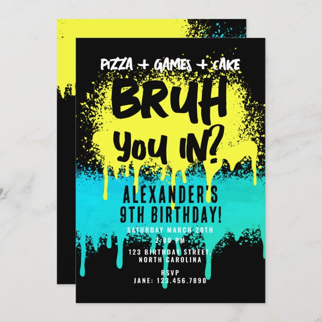 Bruh Boy's Birthday Neon Graffiti Yellow Teal Invitation (Front/Back)