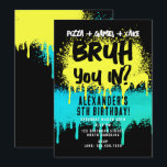 Bruh Boy's Birthday Neon Graffiti Yellow Teal Invitation<br><div class="desc">A teen boys "Bruh" themed birthday invitation using cool typography. A custom kids neon graffiti yellow and teal turquoise "pizza,  games and cake " teenage boys birthday invitation design perfect for any teens birthday party theme. Customise this  "Bruh" birthday invitation with your own text and make it your own!</div>
