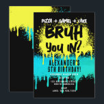 Bruh Boy's Birthday Neon Graffiti Yellow Teal Invitation<br><div class="desc">A teen boys "Bruh" themed birthday invitation using cool typography. A custom kids neon graffiti yellow and teal turquoise "pizza,  games and cake " teenage boys birthday invitation design perfect for any teens birthday party theme. Customise this  "Bruh" birthday invitation with your own text and make it your own!</div>