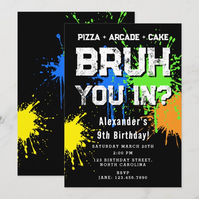 Bruh Boy's Birthday Party Neon Graffiti Teenager Invitation (Front/Back)