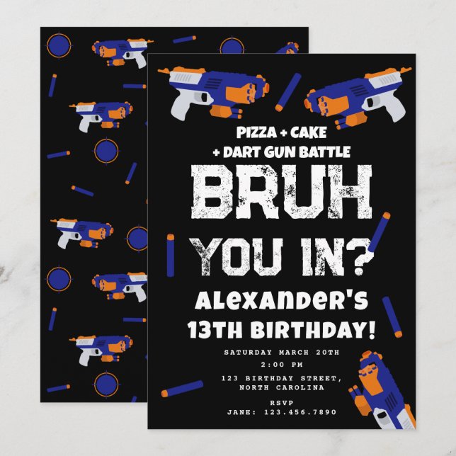 Bruh Boy's Birthday Party Teenager Dart Gun Battle Invitation (Front/Back)