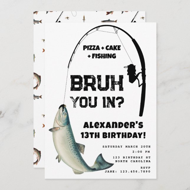 Bruh Boy's Birthday Party Teenager Fishing Invitation (Front/Back)
