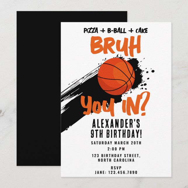 Bruh Boy's Birthday Teen Sports Basketball Game Invitation (Front/Back)