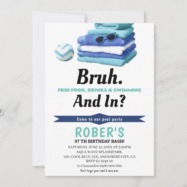 BRUH Boys Blue Pool Party Birthday Invitation (Front)