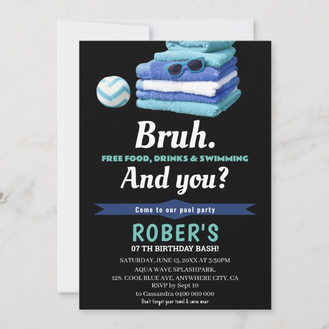 BRUH Boys Blue Pool Party Birthday Invitation (Front)