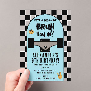 Bruh Boy's Skateboarding Checkered Birthday Party Acrylic Invitations