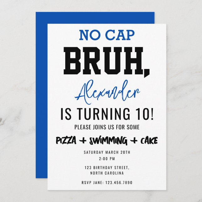 Bruh Boy's Teenager Birthday No Cap Teen Boy Invitation (Front/Back)