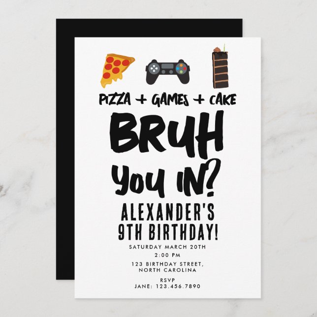 Bruh Boy's Teenager Birthday Party Teen Boy Pizza Invitation (Front/Back)