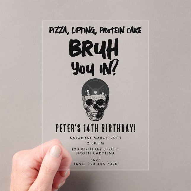 Bruh Boys Teenager Birthday Party Teen Boy Weights Acrylic Invitations (Insitu (Handheld))