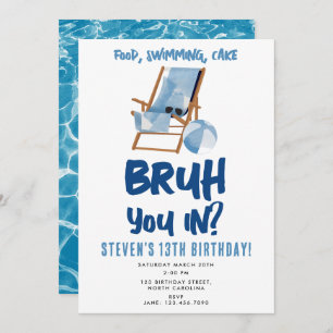 Bruh Boy's Teenager Birthday Pool Party Teen Boy Invitation