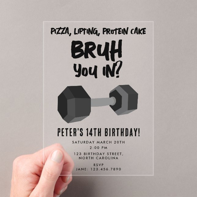Bruh Boys Teenager Birthday Teen Boy Dumbbell Acrylic Invitations (Insitu (Handheld))