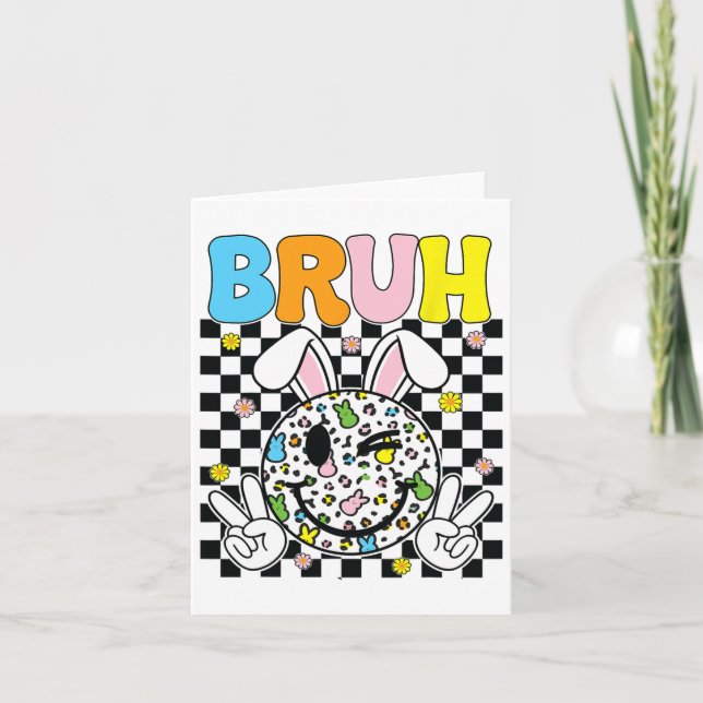 Bruh Easter Day Funny Bunny Eggs Groovy Smile Face Card (Front)