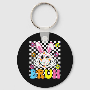 Bruh Easter Day Funny Bunny Eggs Groovy Smile Face Key Ring