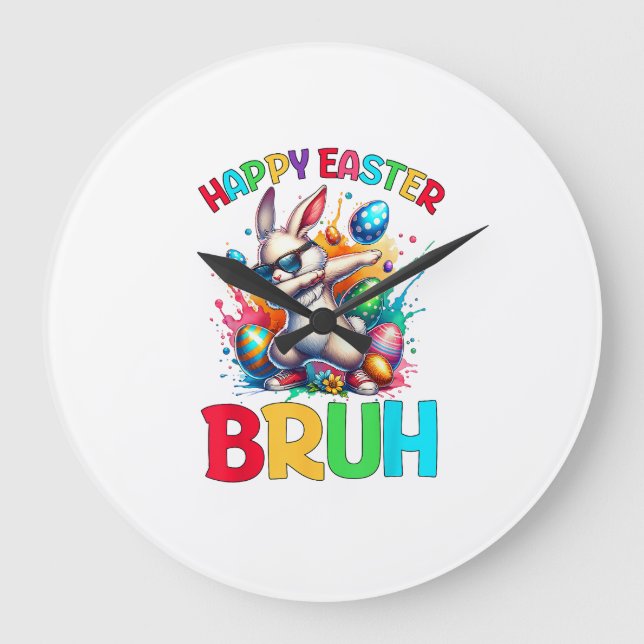 Bruh Easter Eggs Teens Boys Kids Easter Bunny East Large Clock (Front)