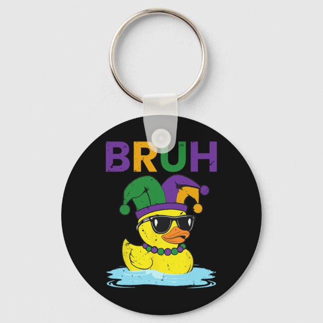 Bruh Funny Duck Mardi Gras Rubber Duck With Jester Key Ring (Front)