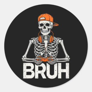 Bruh Gamer Skeleton Halloween Video Game Controlle Classic Round Sticker
