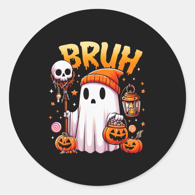 Bruh Ghost Halloween Cute Ghost Trick Or Treat Can Classic Round Sticker (Front)