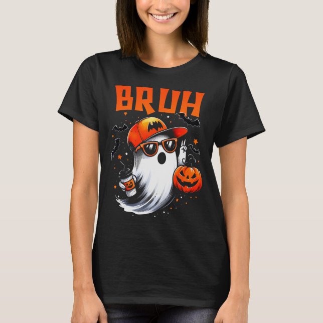 Bruh Ghost Halloween Cute Ghost Trick Or Treat Can T-Shirt (Front)