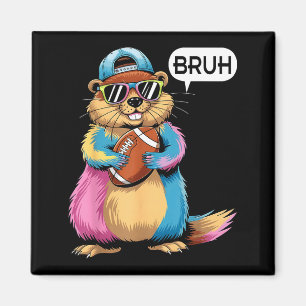 Bruh Groundhog Holding Football Game Day Funny Spo Magnet
