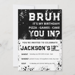 BRUH Grunge Paint Splatter Boy Birthday Invitation