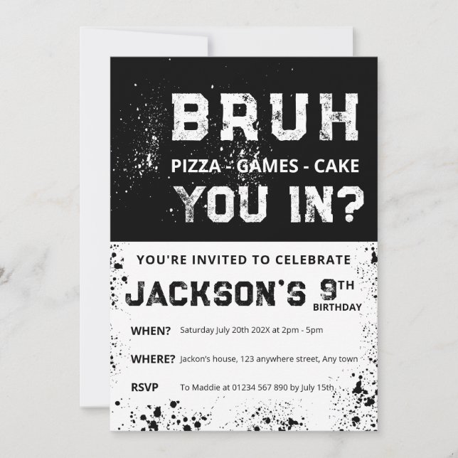 BRUH Grunge Paint Splatter Boy Birthday Invitation (Front)