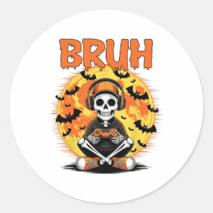 Bruh Halloween Boys Kids Gamer Mens Skeleton Video Classic Round Sticker