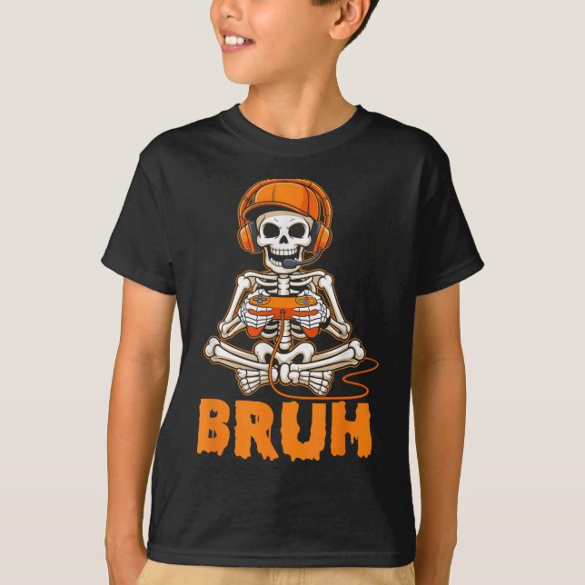 Bruh Halloween Boys Kids Gamer Mens Skeleton Video T-Shirt (Front)