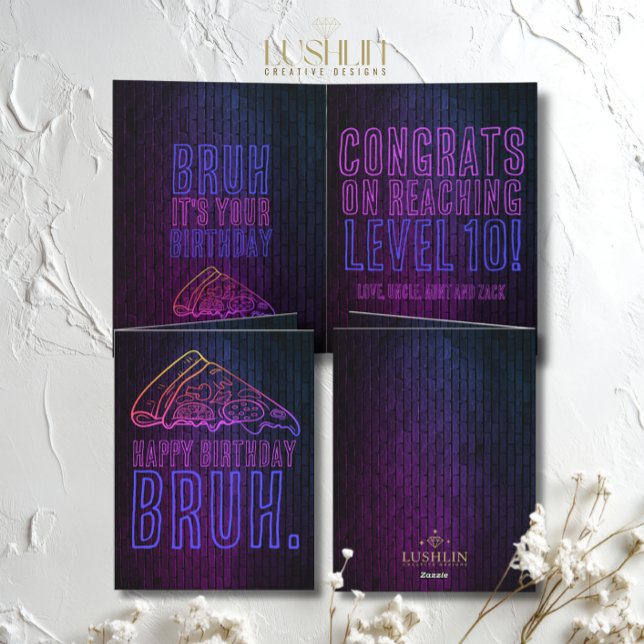 Bruh It’s Your Birthday Neon Pizza Party Card (Creator Uploaded)