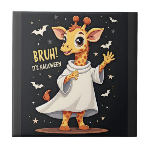 Bruh Its Halloween Funny Dabbing Ghost Giraffe Lon Ceramic Tile