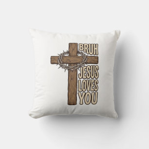 Bruh Jesus Loves You Cross Vintage Christian Vecto Cushion