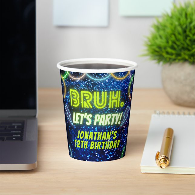 Bruh Let's Party Neon Glow Blue Green Birthday Paper Cups (Insitu)