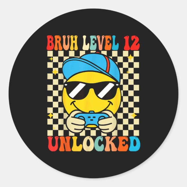 Bruh Level 12 Unlocked Smile Face Video Gamer 12th Classic Round Sticker (Front)