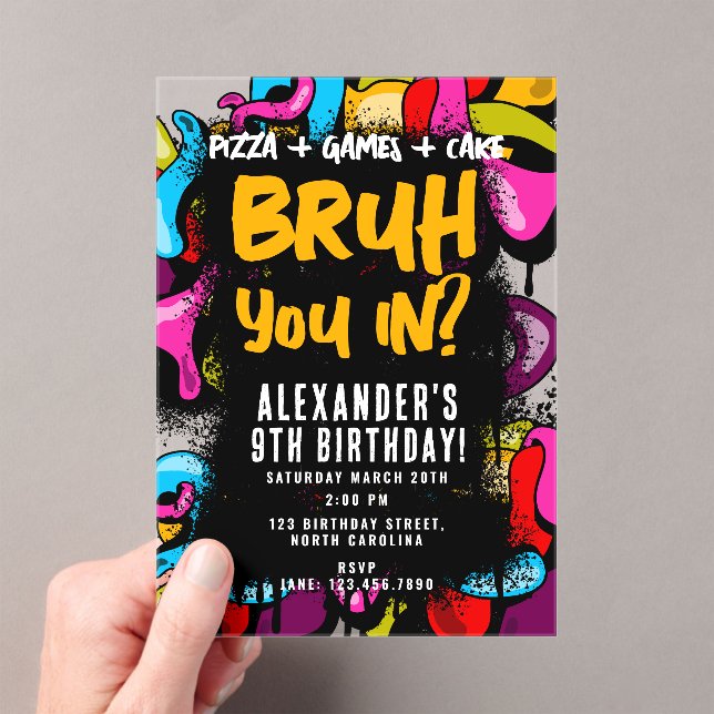 Bruh Neon Graffiti Hip Hop Street Art Birthday Acrylic Invitations (Insitu (Handheld))