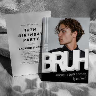 BRUH Photo Teenage Boy Birthday Party Invitation