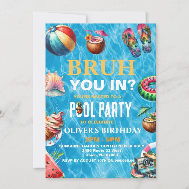Bruh Pool Party Birthday Invitation | Boy Summer  (Front)
