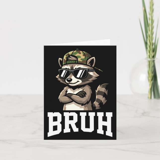 Bruh Raccoon Camo Hat Funny Youth Teens Kids Slang Card (Front)