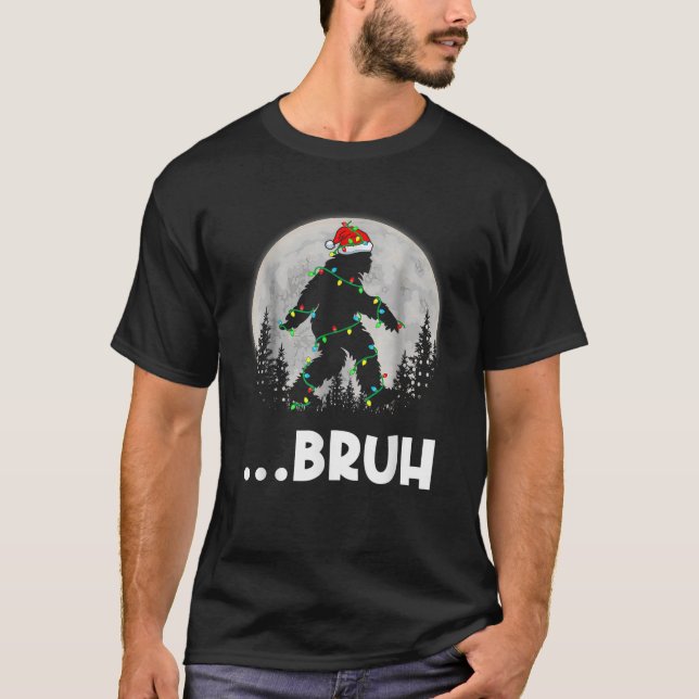 Bruh Santa Bigfoot Christmas Lights Funny Sasquatc T-Shirt (Front)