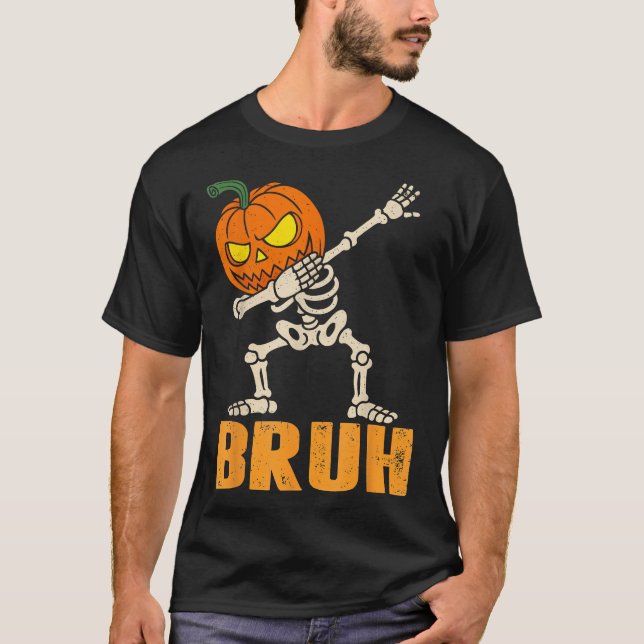 Bruh Skeleton Halloween Dabbing Boys Pumpkin  T-Shirt (Front)