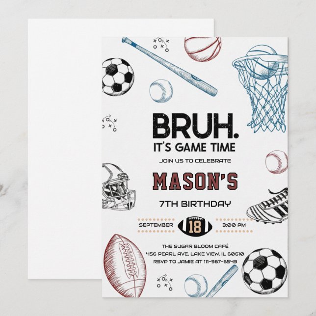 Bruh Sports Birthday Game Time Party Invitation (Front/Back)