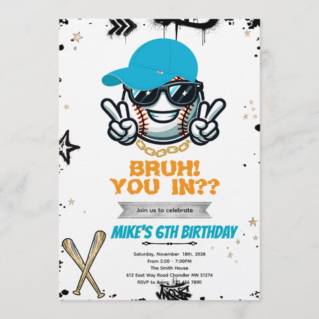 Bruh Teen baseball Party Invitation (Front)