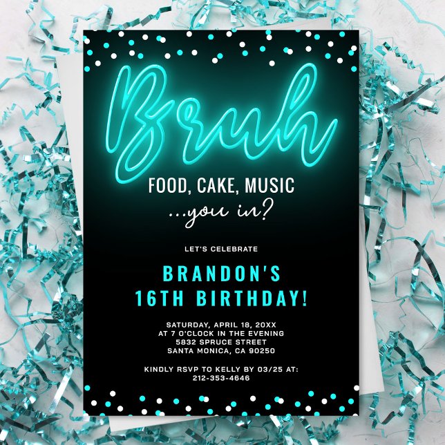 BRUH Teen Boy Neon Birthday Party Invitation (Creator Uploaded)
